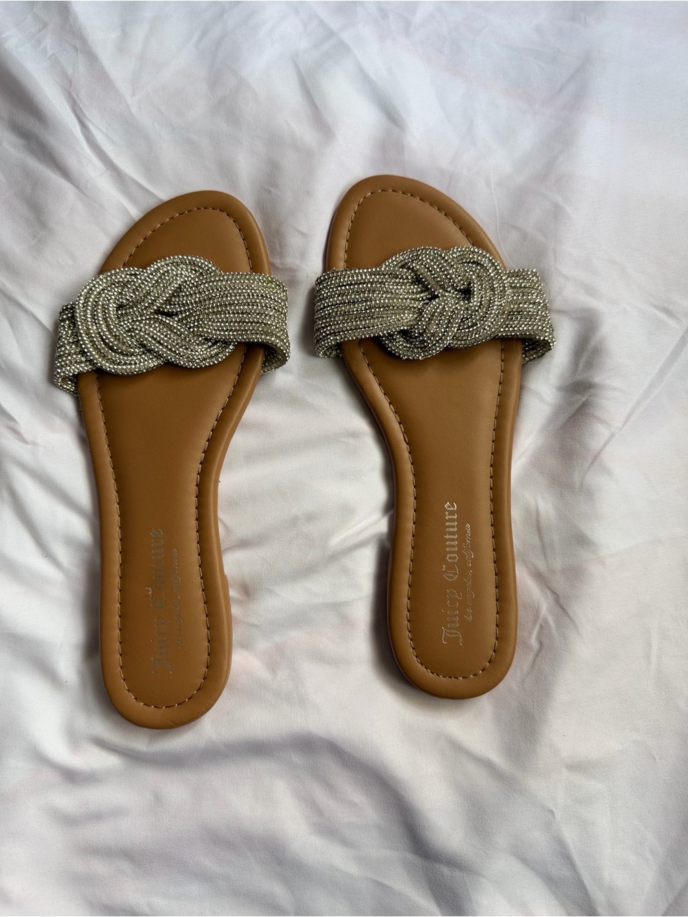 Juicy Couture Tan Slides with Silver Beaded Knot Strap